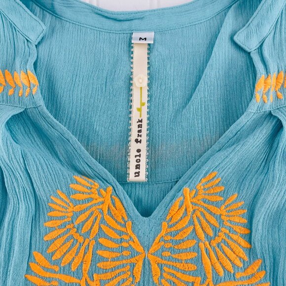 Uncle Frank Womens Medium Blue Sleeveless Dress With Orange Embroidery Boho NWT - Picture 2 of 6